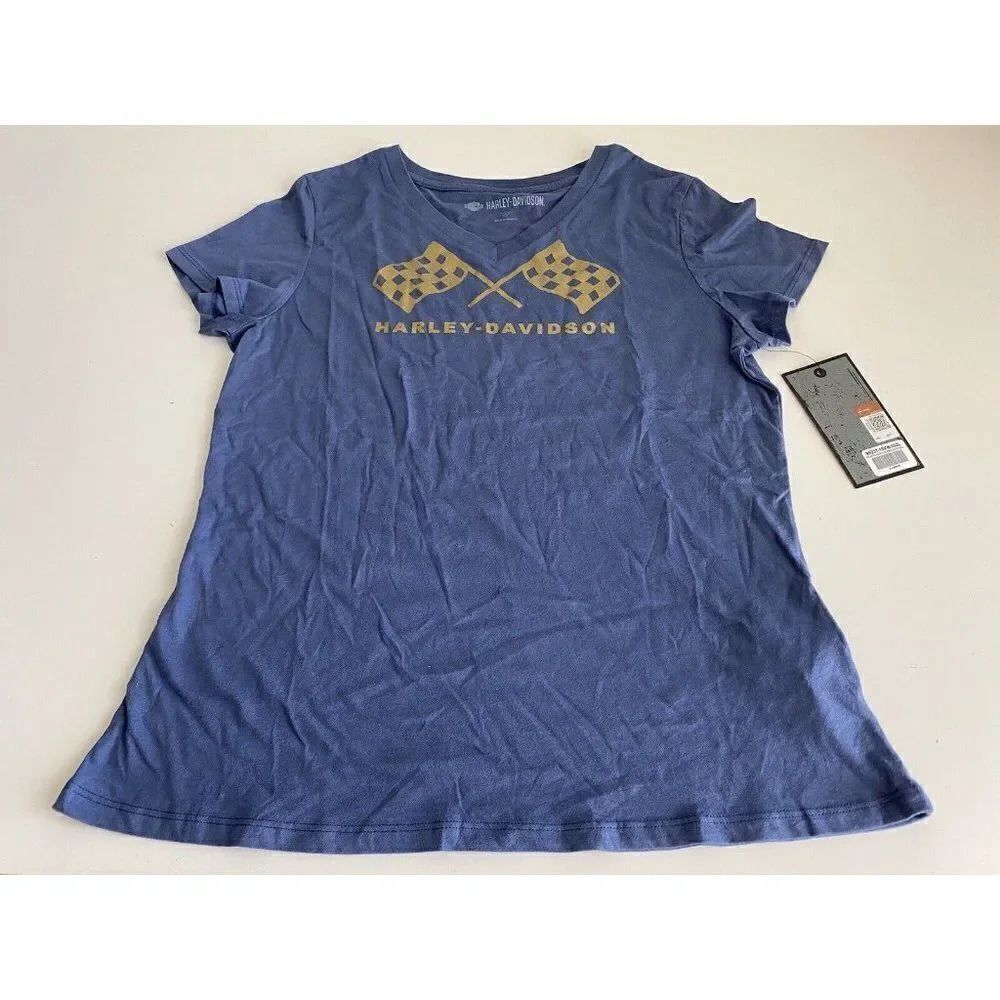 Harley-Davidson Women's Blue Retro Race Flag V-Neck Tee SIZE XL 99237-19VW NEW